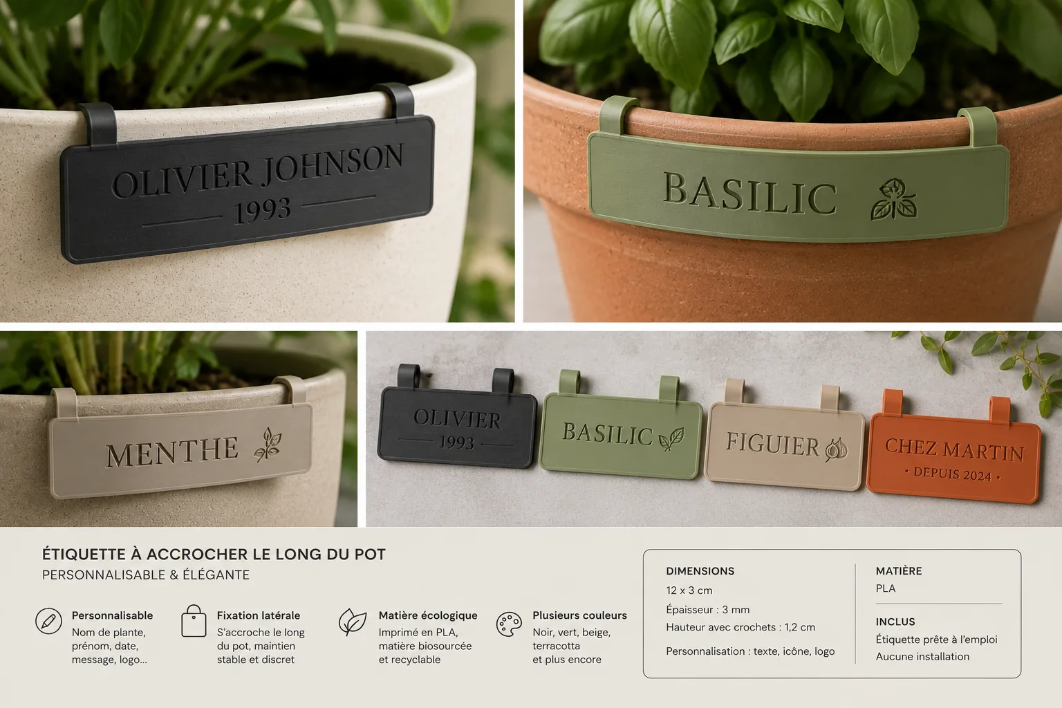 Personalized rim labels hooked along plant pots
