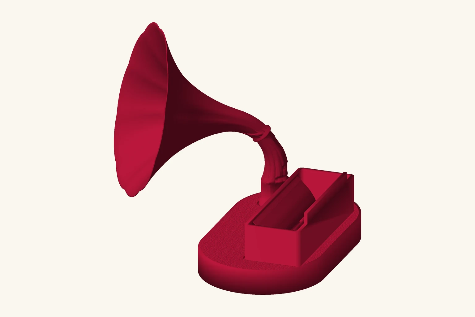 Tulipe acoustique BagatForge : support de téléphone imprimé en 3D, rouge cerise, pavillon floral ouvert